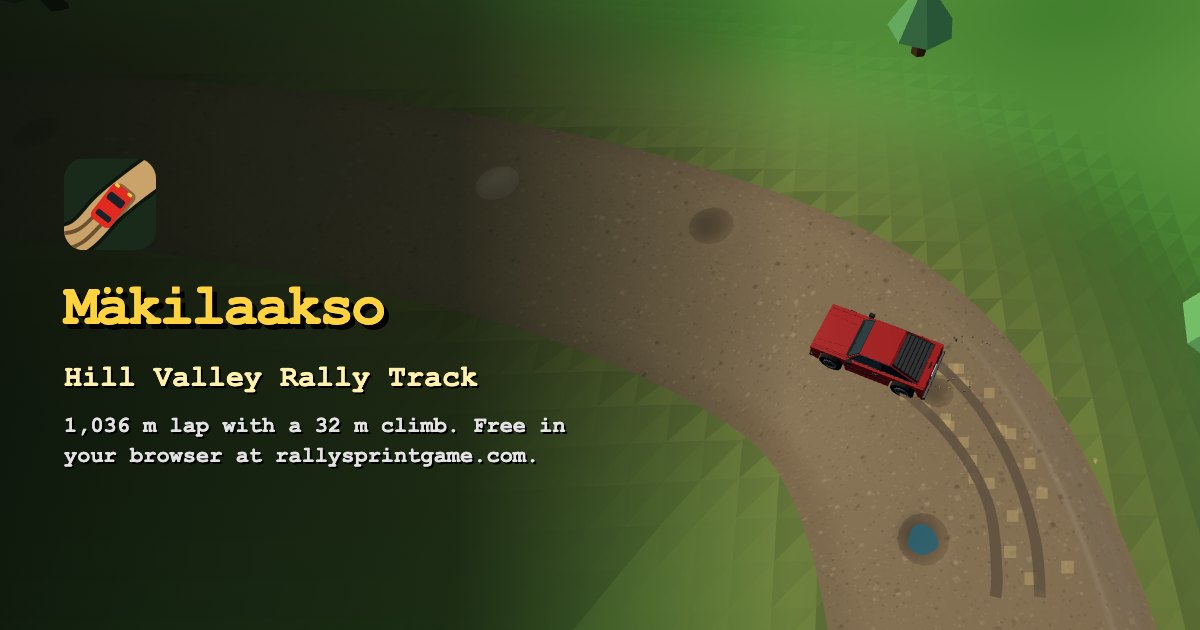 A red rally car sliding on the wide gravel road of the Mäkilaakso hill valley rally track